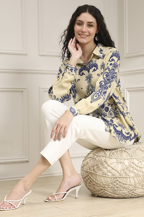 Off-White and Blue Printed Relaxed Fit Shirt image number 0