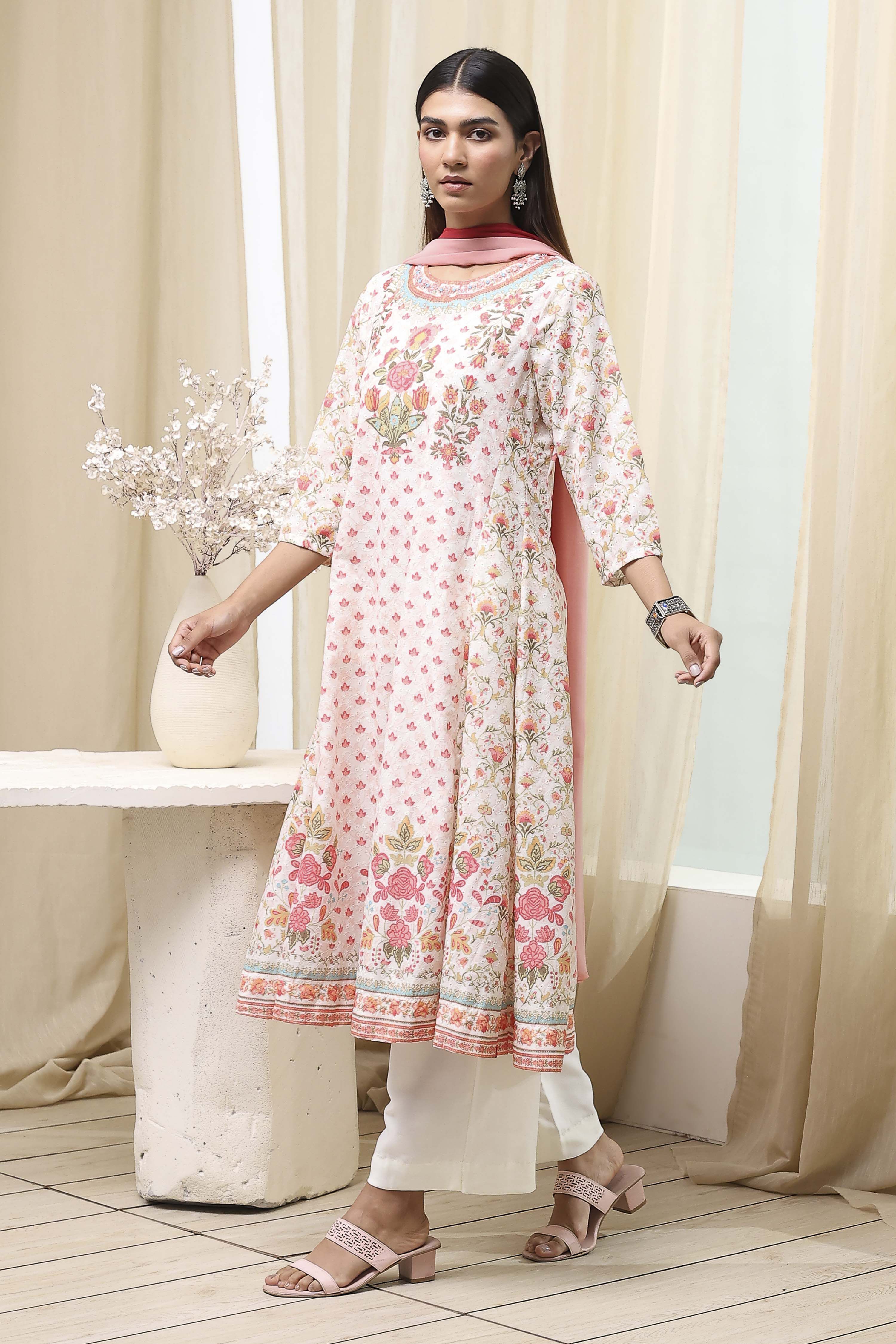 Off-White and Pink Cotton Floral Kalidar Suit Set image number 3