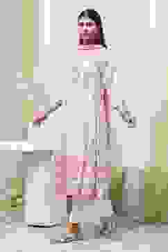 Off-White and Pink Cotton Floral Kalidar Suit Set image number 3