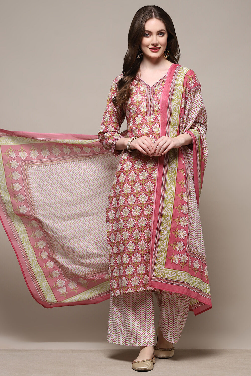 Blue Cotton Screen Printed Unstitched Suit Set image number 1