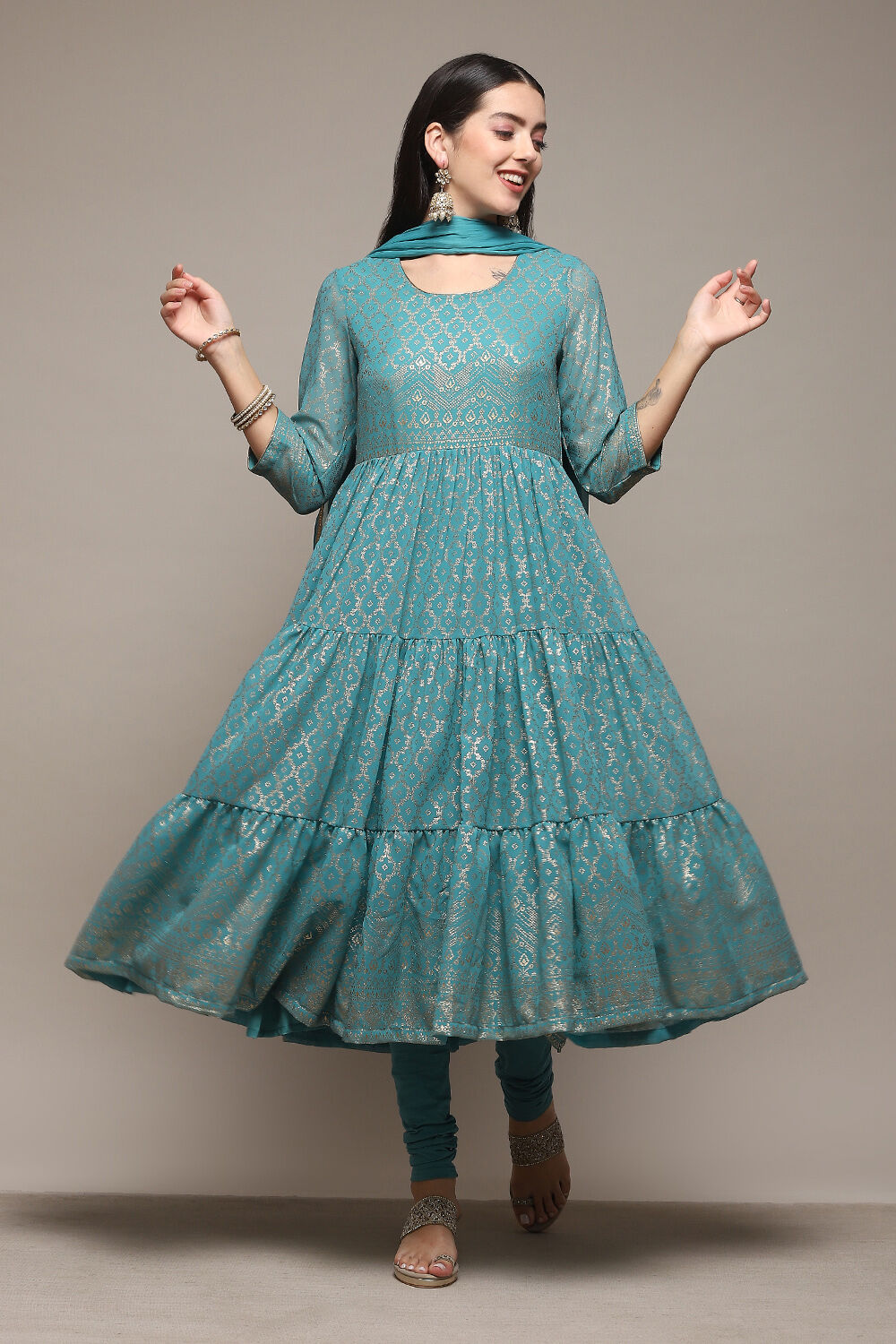 Sea Green Polyester Anarkali Kurta Churidar Suit Set image number 7