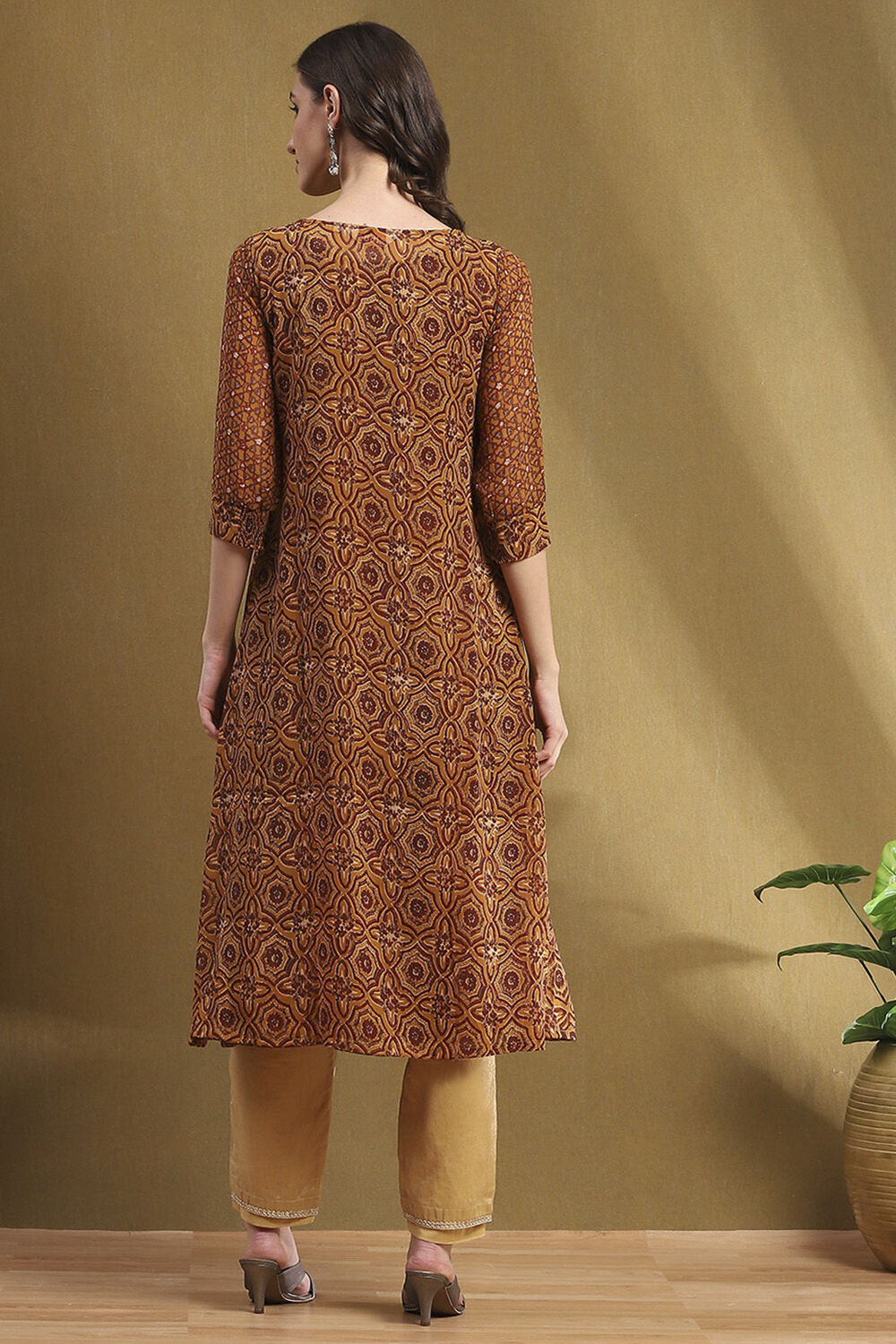 Brown Georgette Printed Gathered A-Line Kurta image number 3