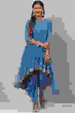 Blue Art Silk Asymmetric Kurta Salwar Suit Set image number 0