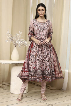 Beige Cotton Anarkali Kurta Churidar Suit Set image number 6