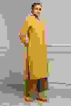 Yellow Cotton Yarndyed Straight Kurta image number 4