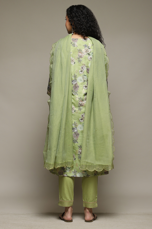 Green Cotton Blend Floral Straight Suit Set image number 4