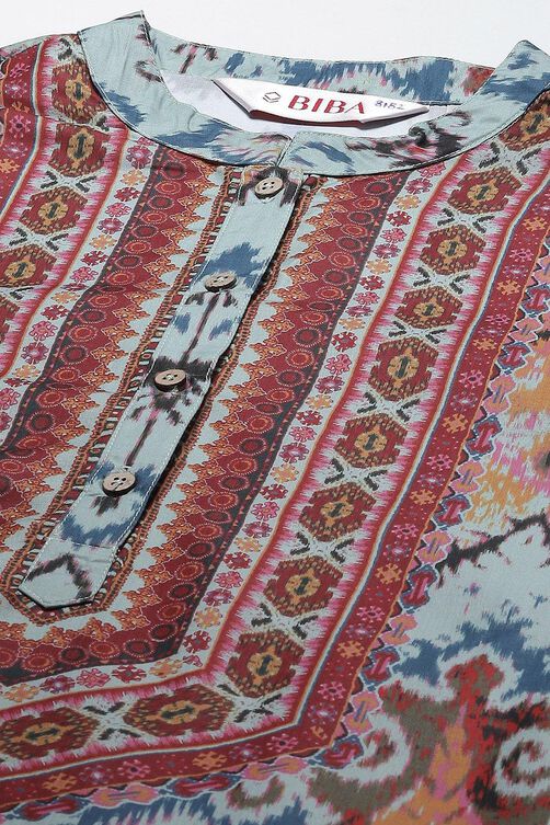 Beige Cotton Blend Asymmetric Printed Kurta Suit Set image number 1