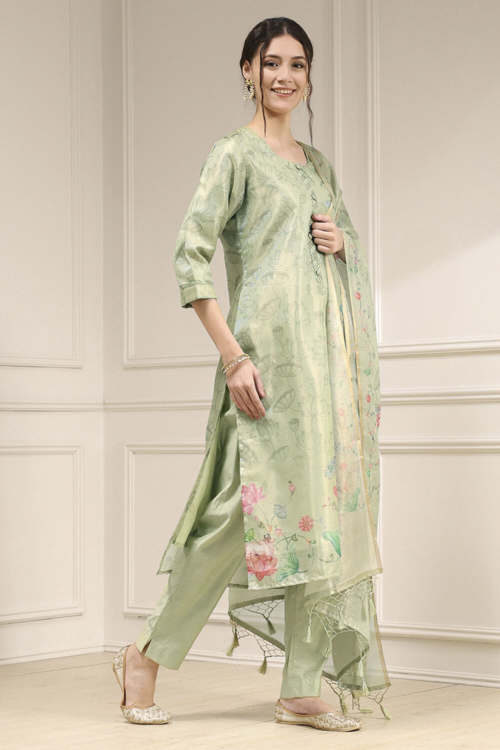 Teal Cotton Printed Unstitched Suit Set image number 6