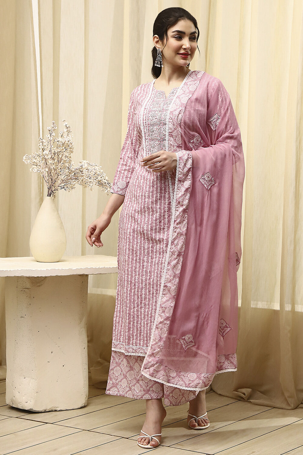 Mauve Cotton Printed Unstitched Suit Set image number 1
