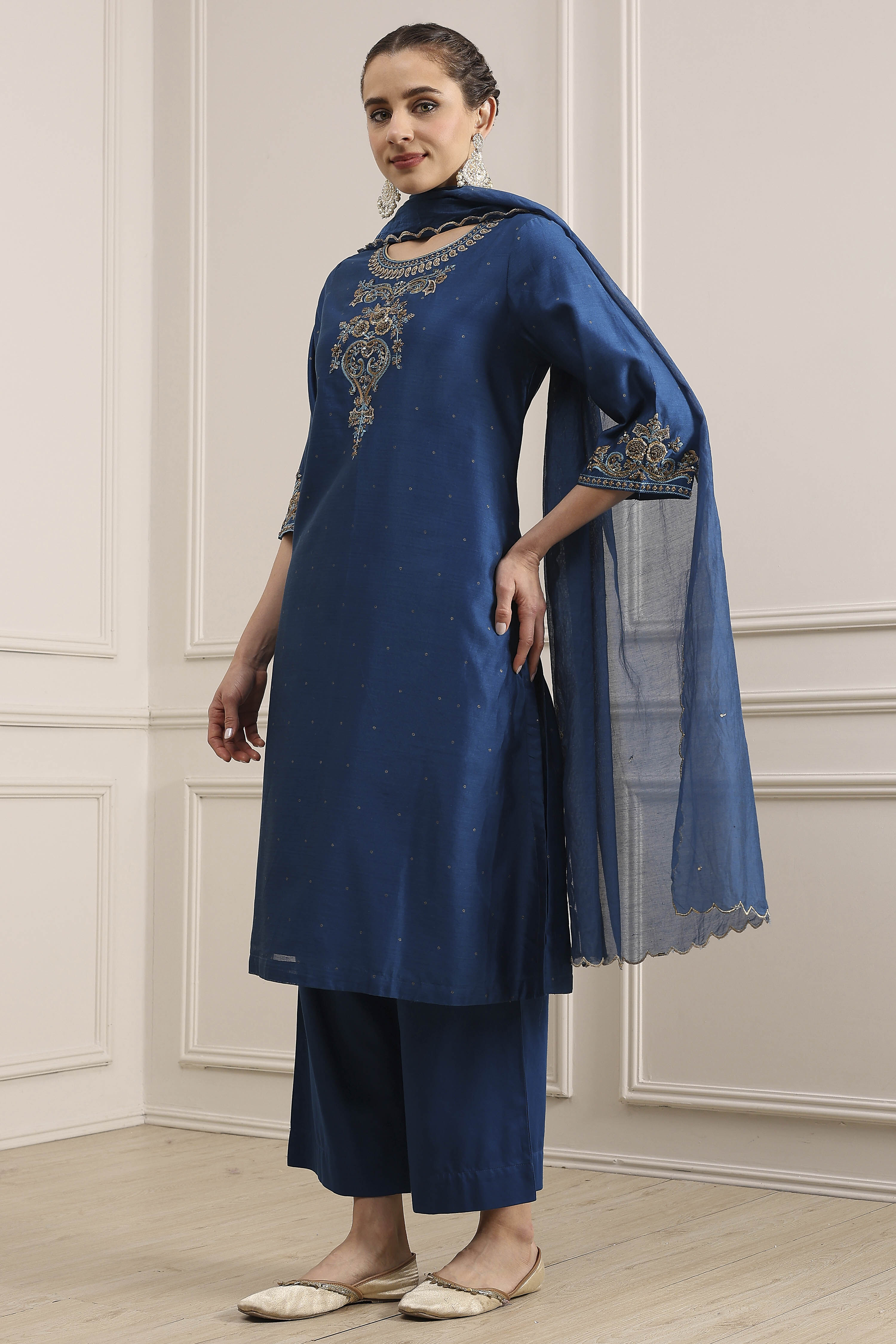 Blue Chanderi Embroidered Straight Suit Set image number 3