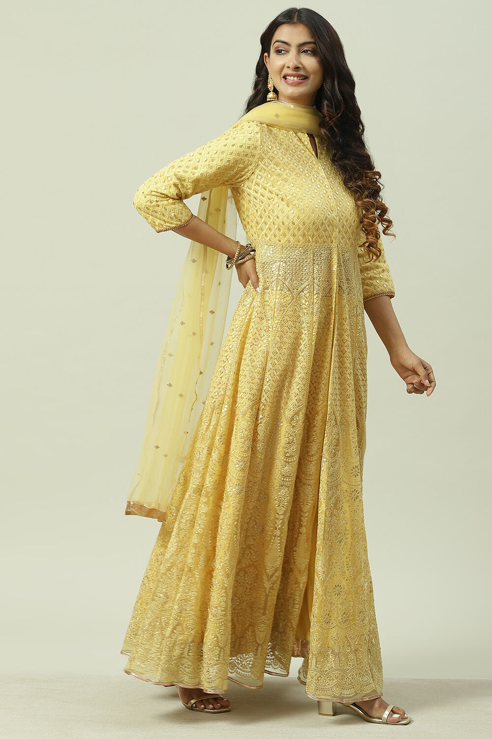 Yellow Flared Kurta Lehenga Suit Set image number 6