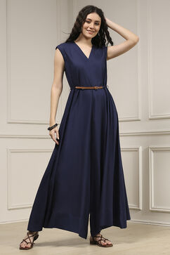 Navy Blue Viscose Rayon Asymmetric Dyed Jumpsuit image number 0