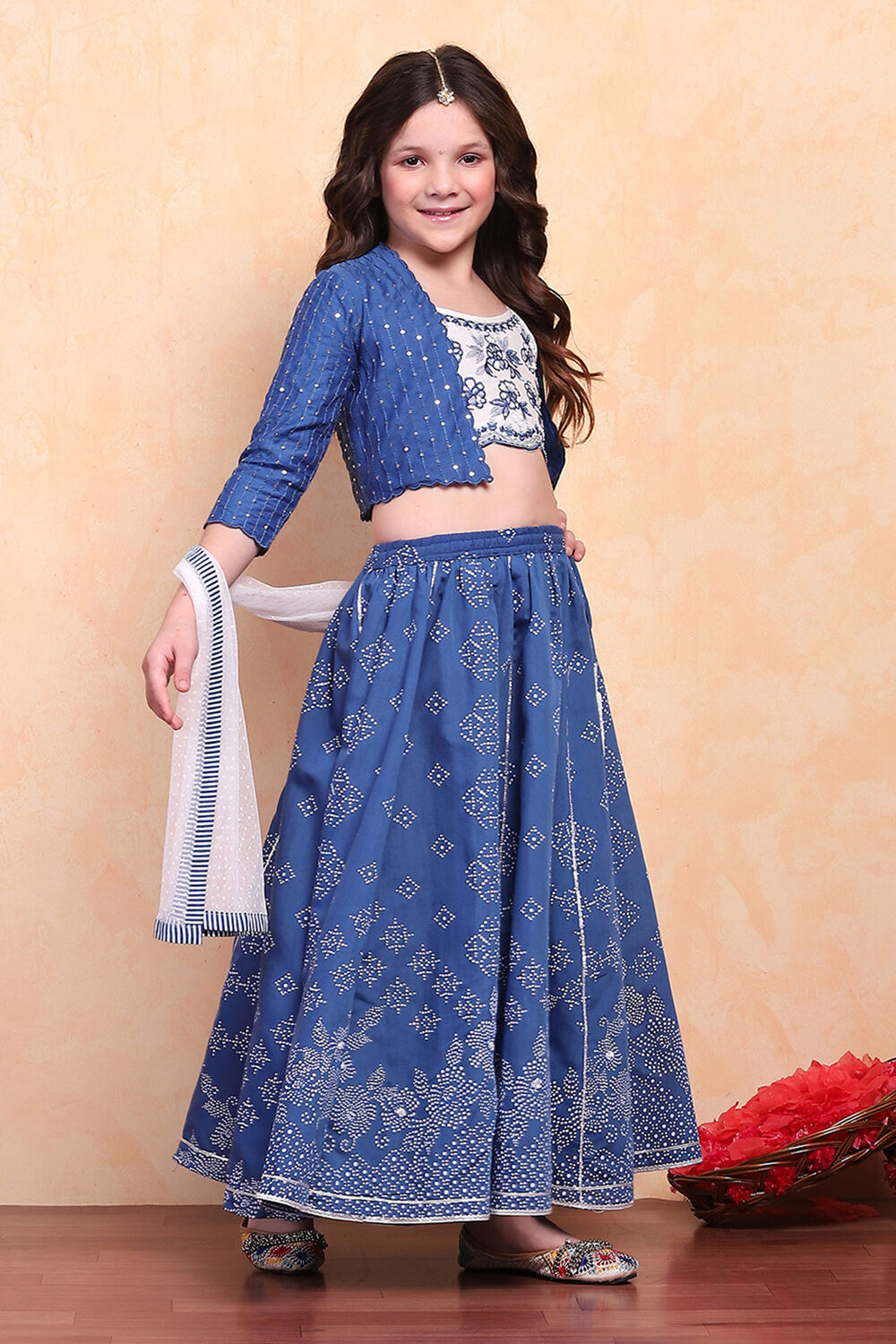 Blue-White Poly Chanderi Short Straight Lehenga Set image number 5