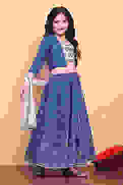 Blue-White Poly Chanderi Short Straight Lehenga Set image number 5