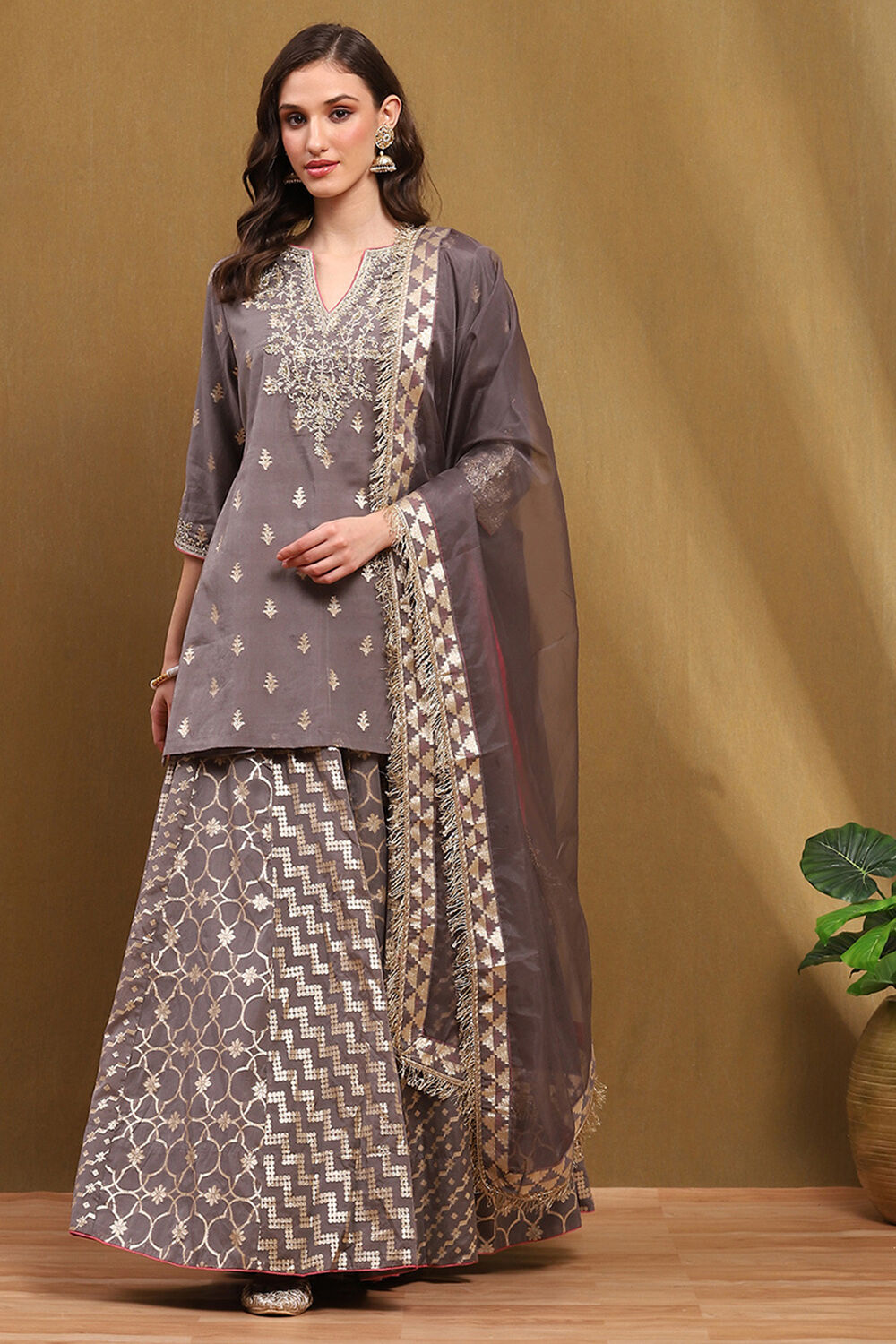 Grey Brocade Embroidered Festive Skirt Set image number 6