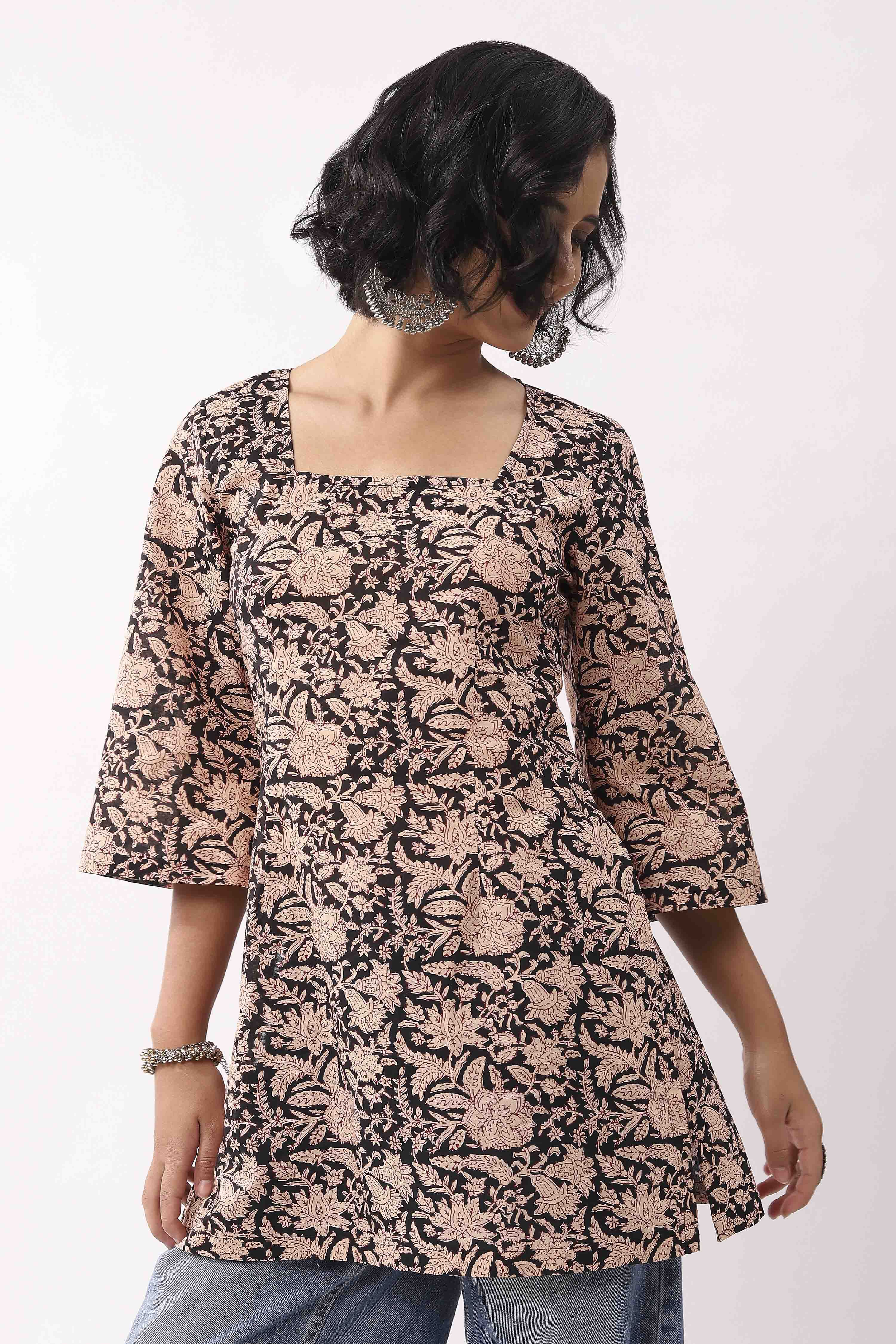 Black Cotton Printed A Line Short Kurti image number 5