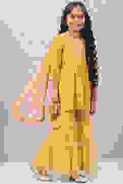 Mustard Yellow Nylon Gathered Kurta Sharara Suit Set image number 6