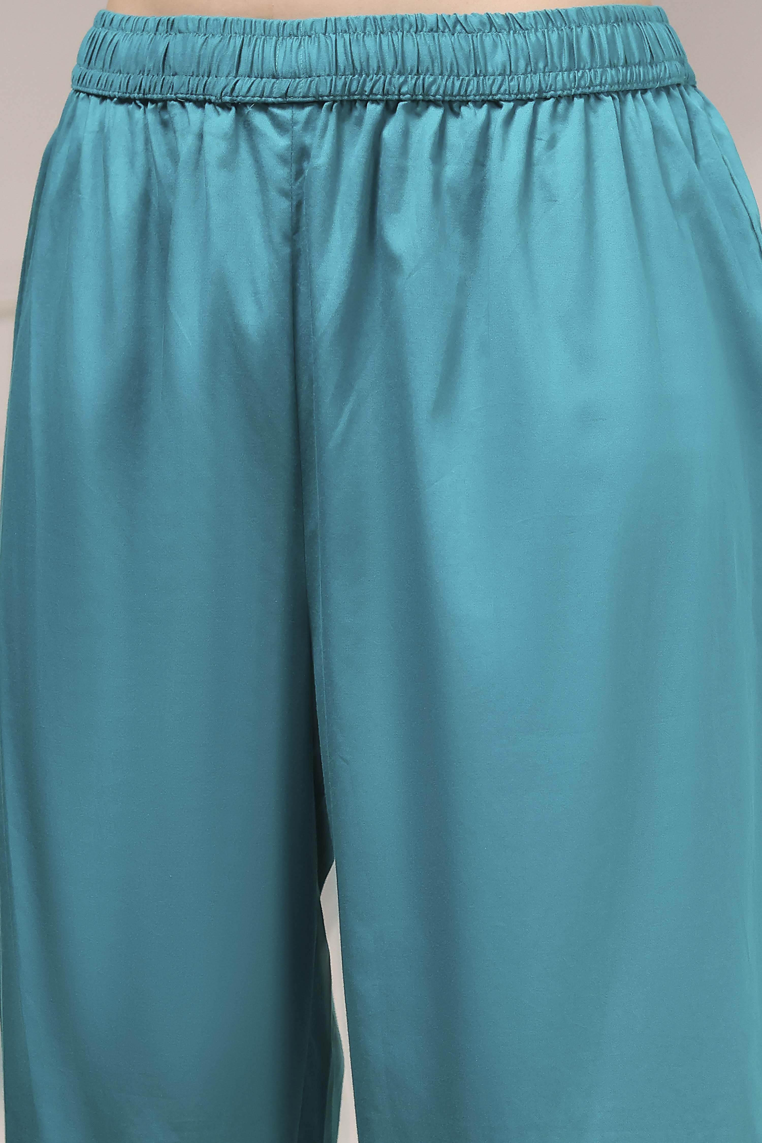 Turquoise Cotton Blend Printed Straight Suit Set image number 2