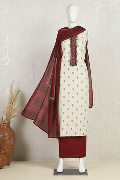 Off-White-Red Flex Hand Block Print Unstitched Suit Set image number 4