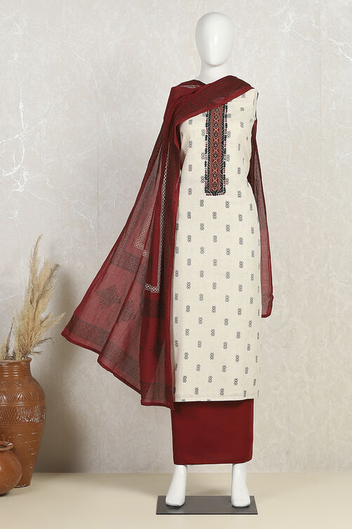 Off-White-Red Flex Hand Block Print Unstitched Suit Set image number 4
