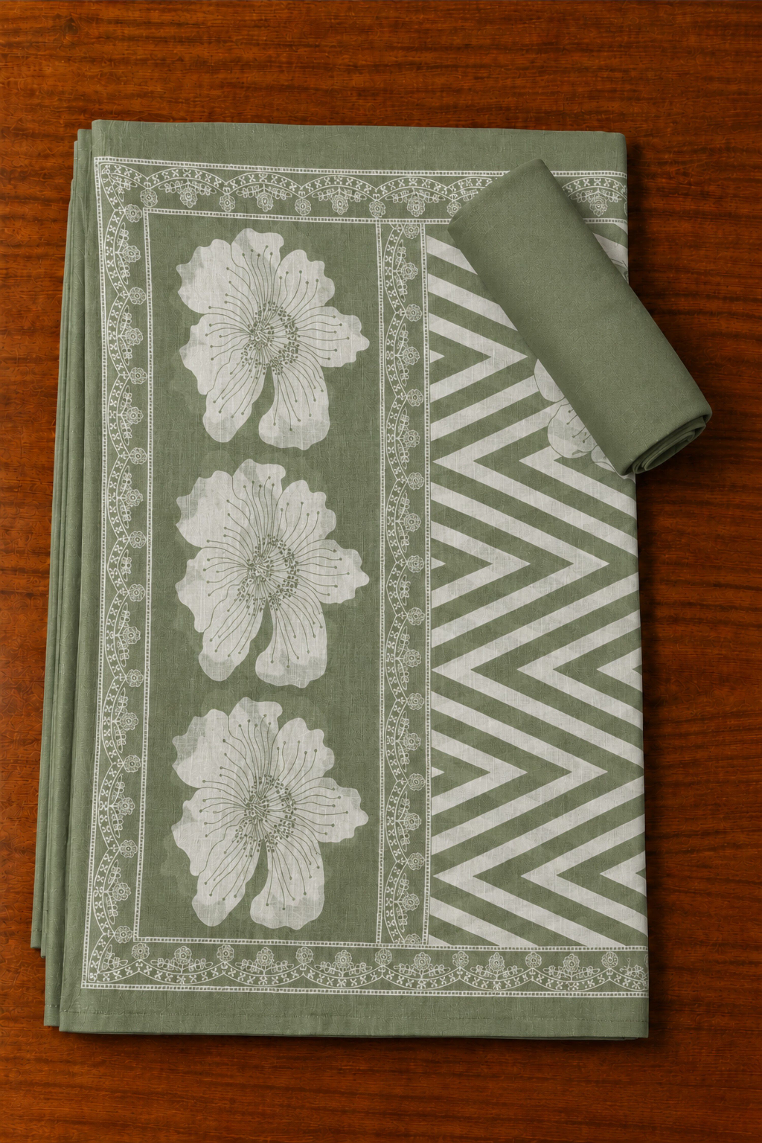 Green Linen Contemporary Print Unstitched Suit Set image number 3
