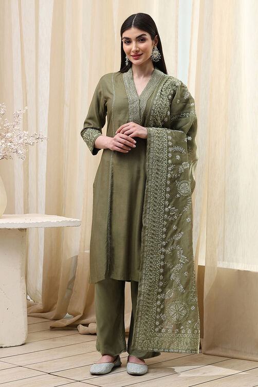Sage Green Cotton Blend Straight Kurta Palazzo Suit Set image number 6