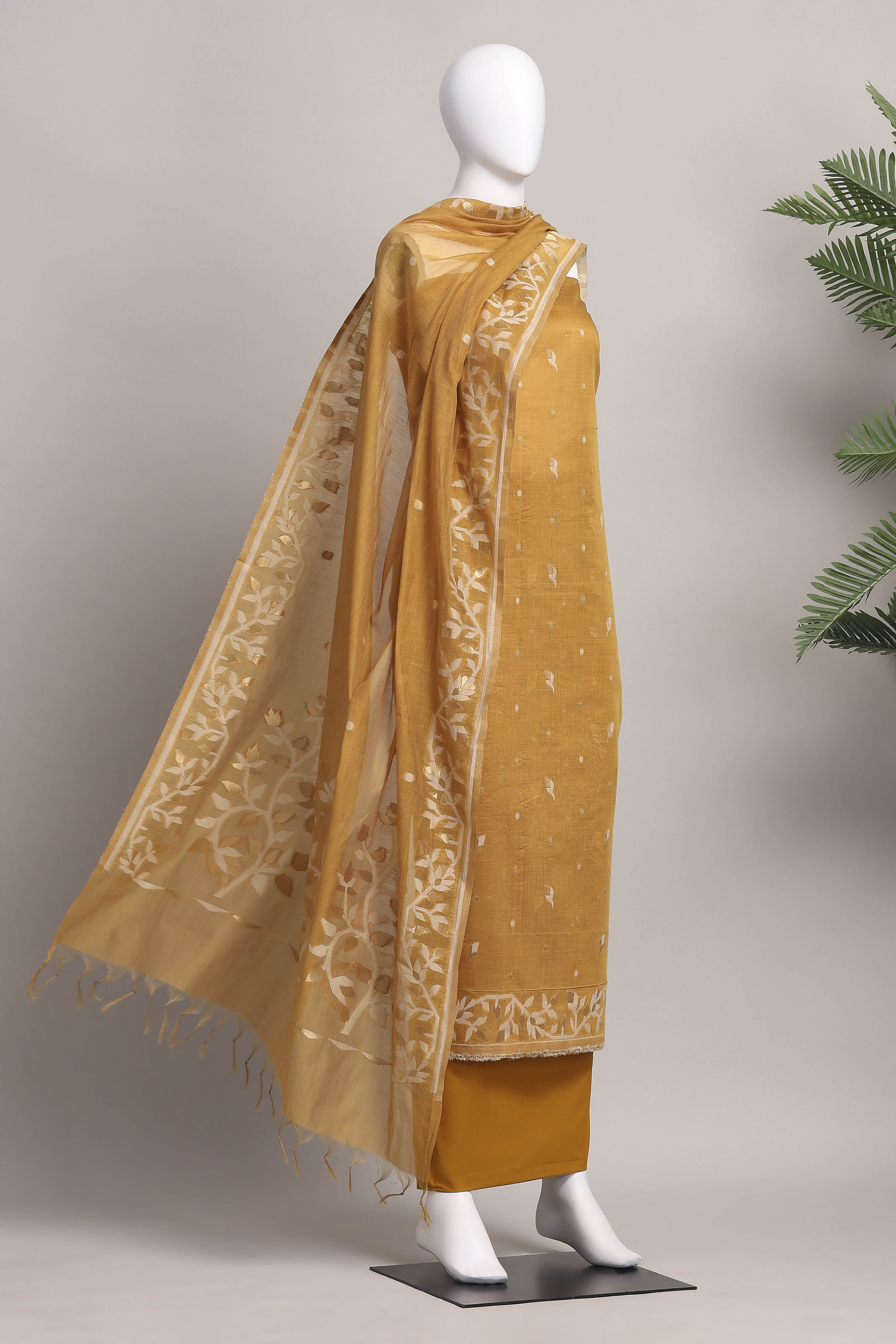 Mustard Cotton Jamdani Unstitched Suit Set image number 4