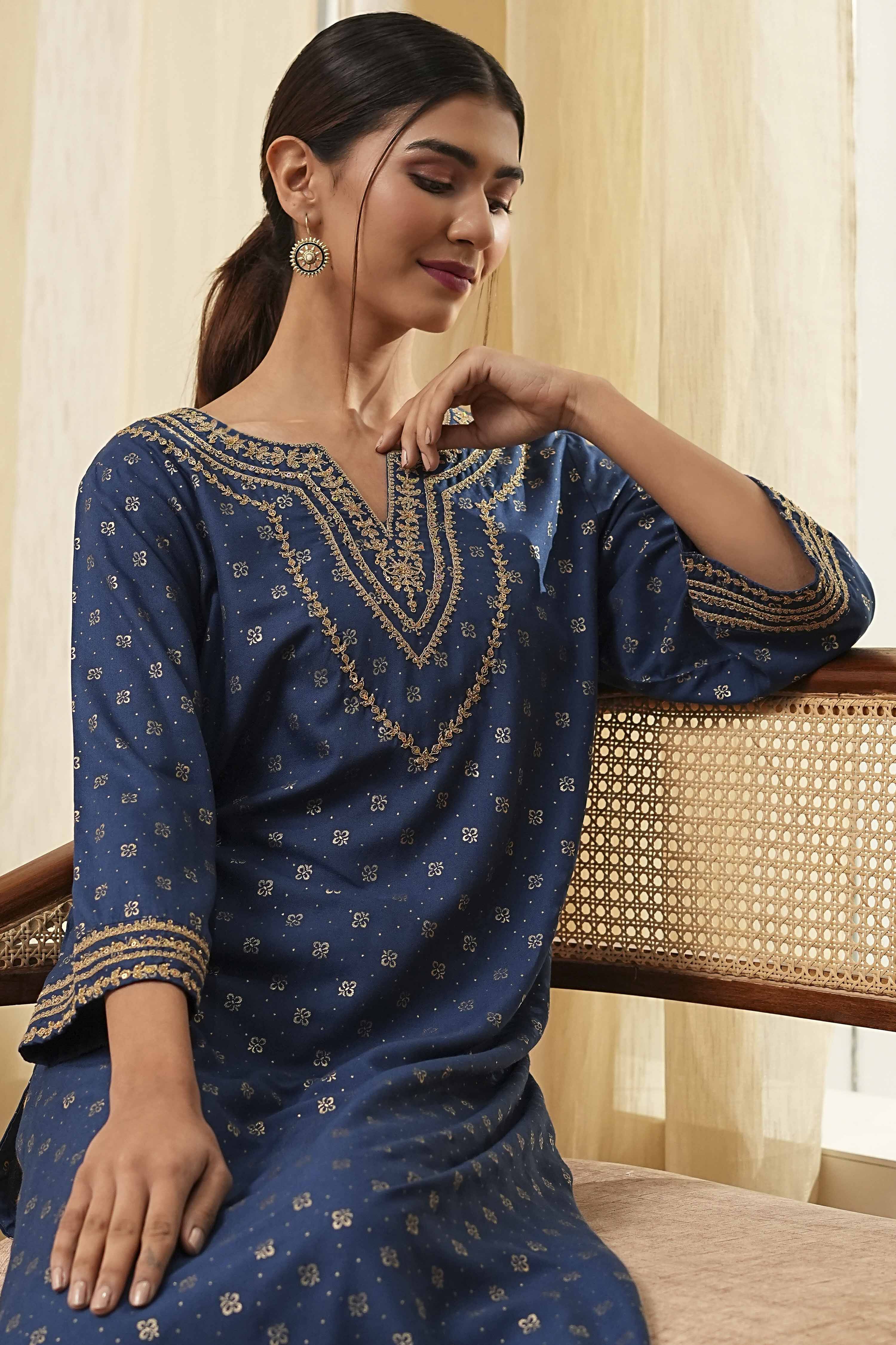 Blue Printed Straight Kurta image number 5