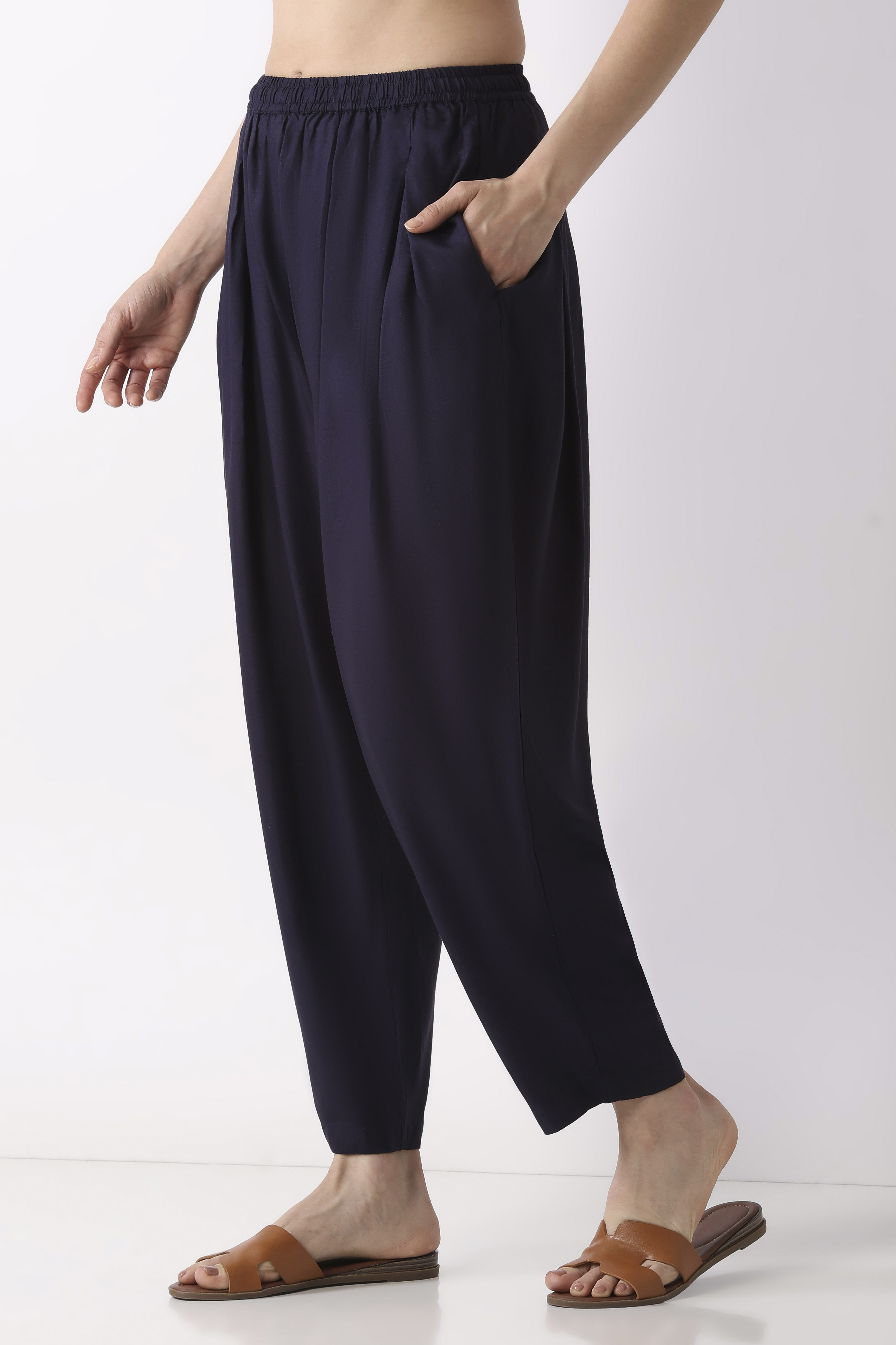Indigo Blue Viscose Rayon Relaxed Solid Pants image number 2
