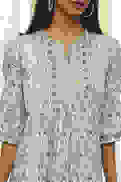 Blue Cotton Floral Printed Tiered Dress image number 1