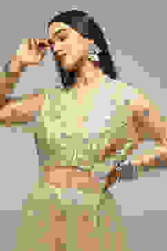 Beige Nylon Front Open Embroidered Kurta Lehenga Set image number 1