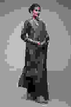 Charcoal Grey Silk Blend Straight Suit Set image number 4