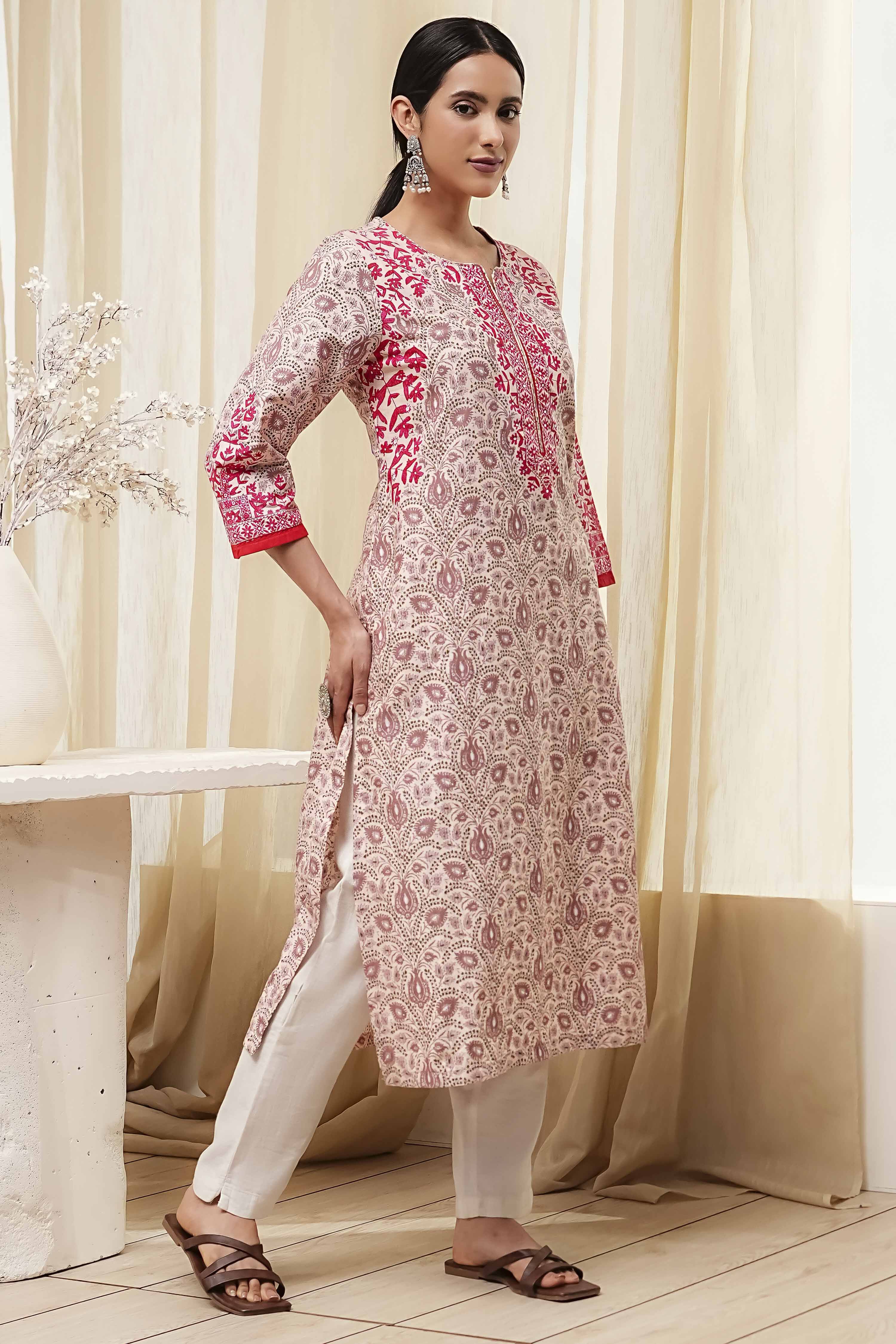 Green Cotton Printed Straight Kurta image number 4