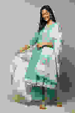 Turquoise Cotton Anarkali Kurta Palazzo Suit Set image number 7