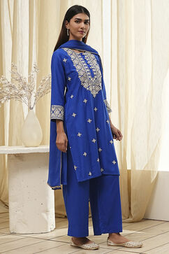 Blue Embroidered Straight Suit Set image number 5