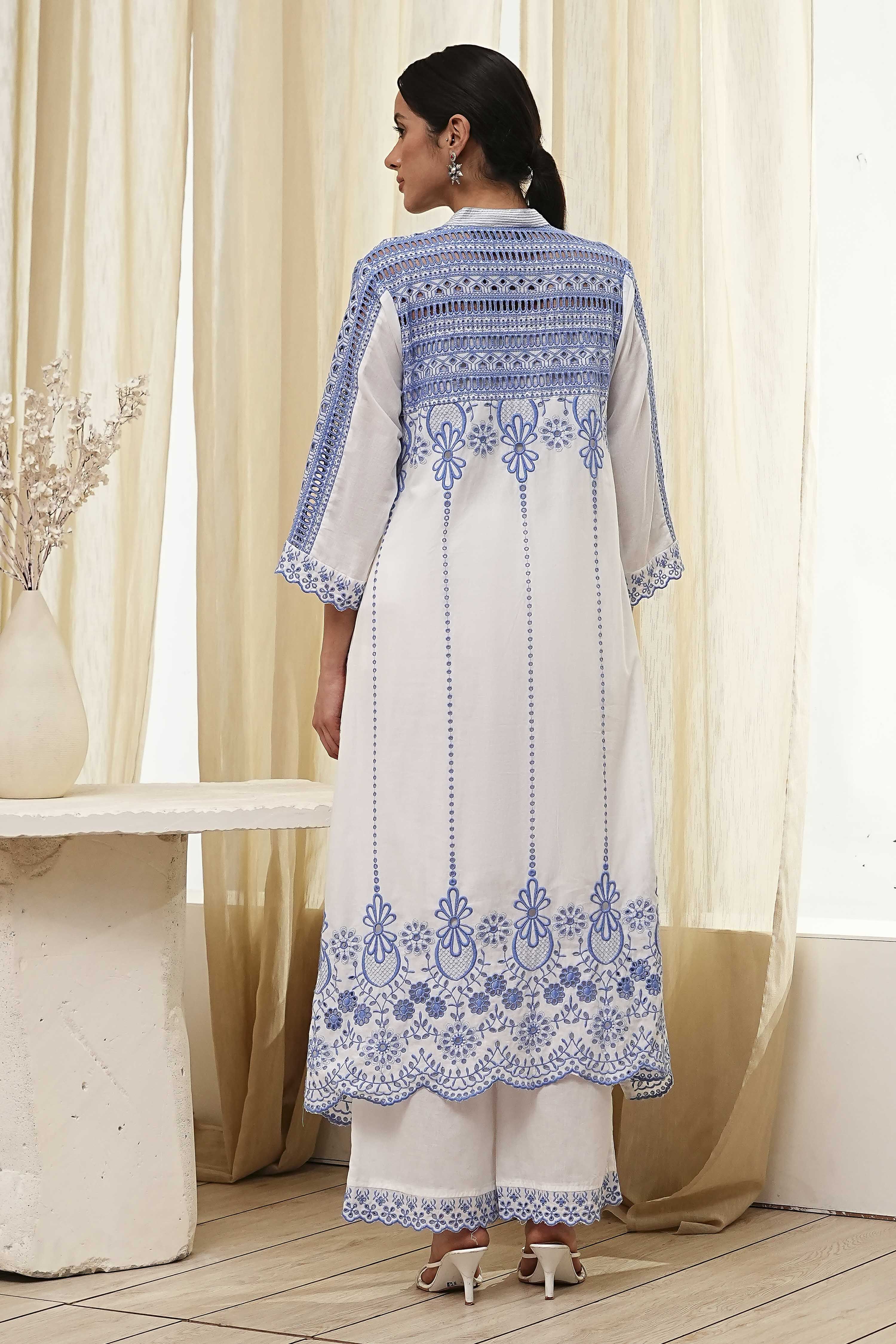 White and Blue Cotton Asymmetric Suit Set image number 4