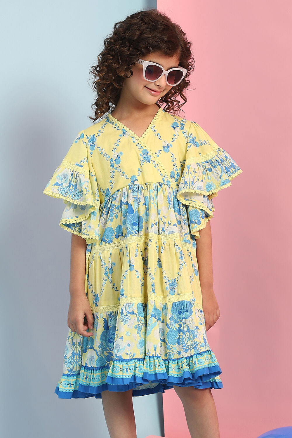 Yellow Cotton Printed Tiered Dress image number 6