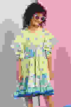 Yellow Cotton Printed Tiered Dress image number 6