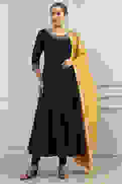 Black Solid Art Silk Anarkali Suit Set image number 5