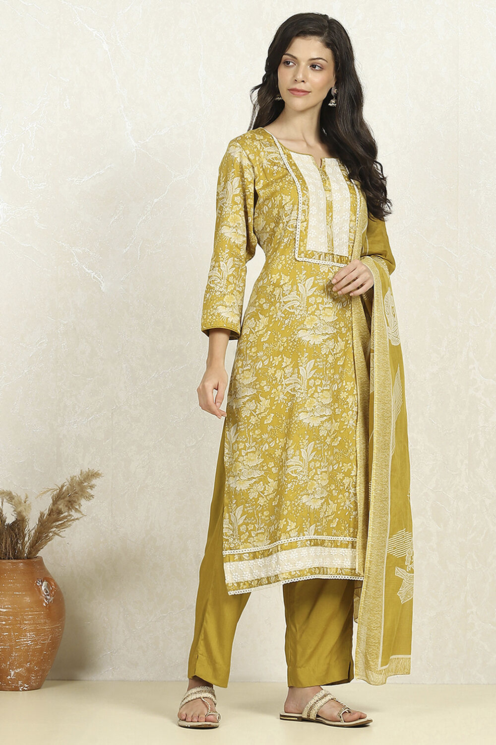 Yellow Cotton Floral Printed Unstitched Suit Set image number 6