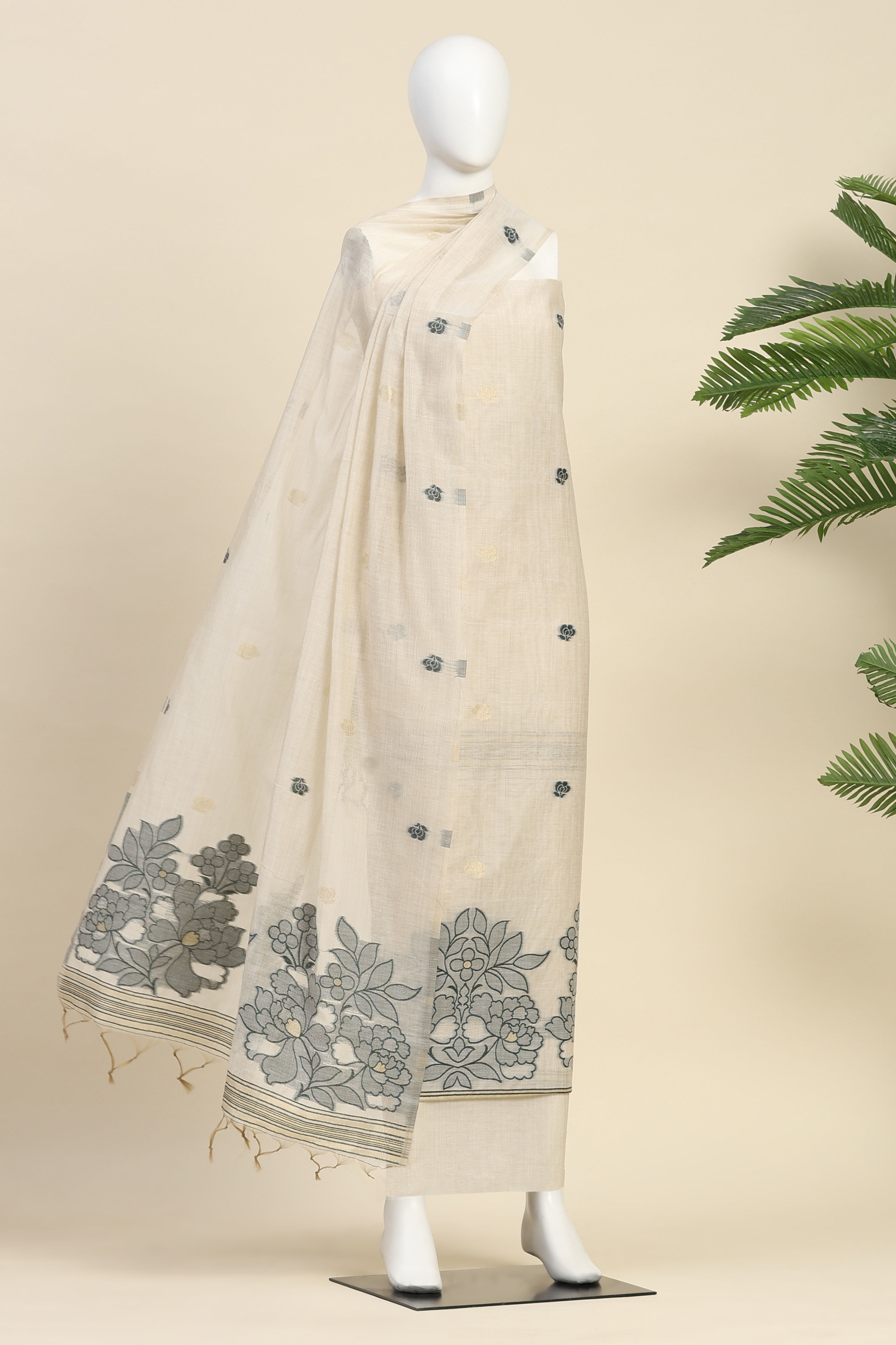 Blue Chanderi Kantha Unstitched Suit Set image number 4