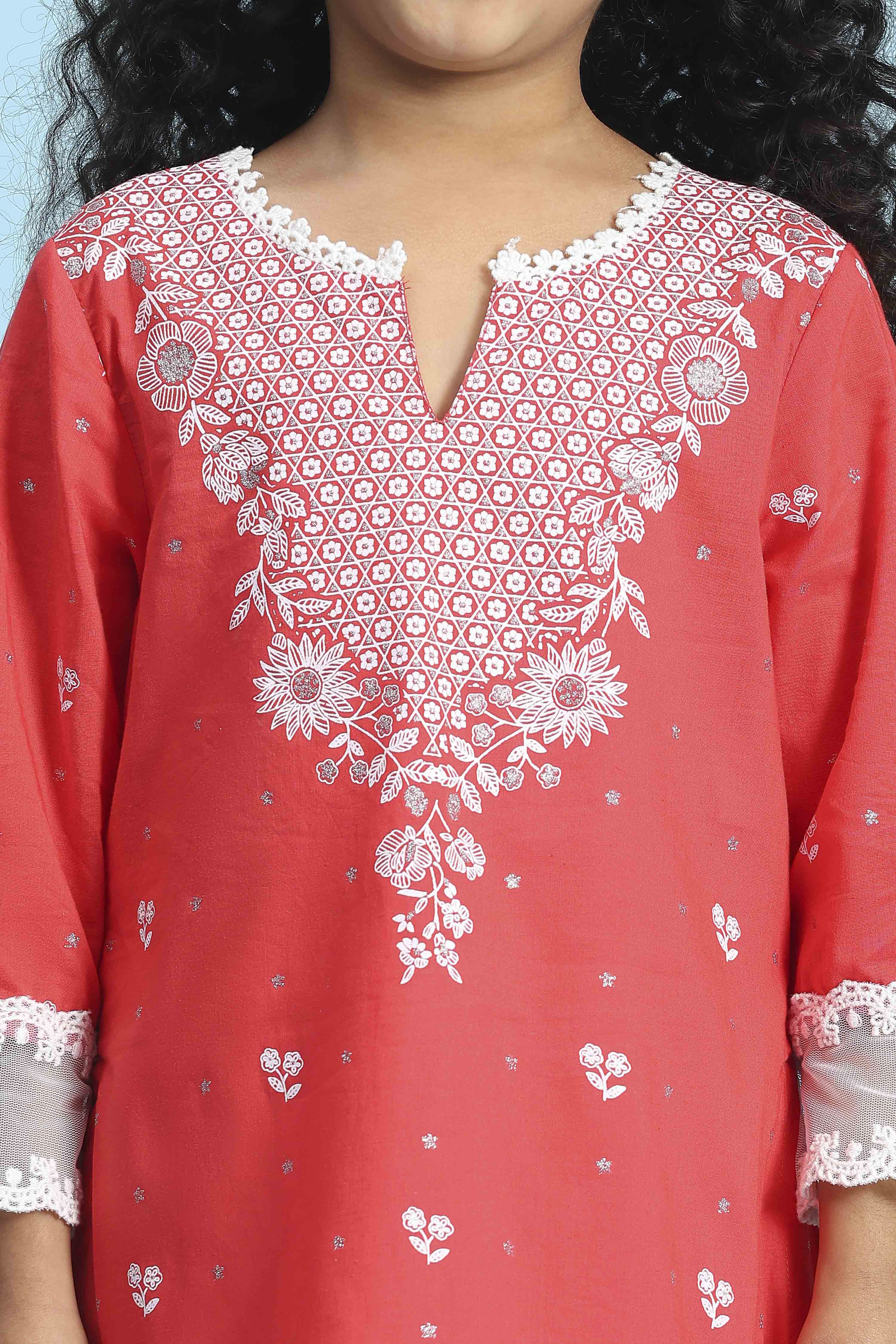 Coral Cotton Printed Straight Suit Set image number 1