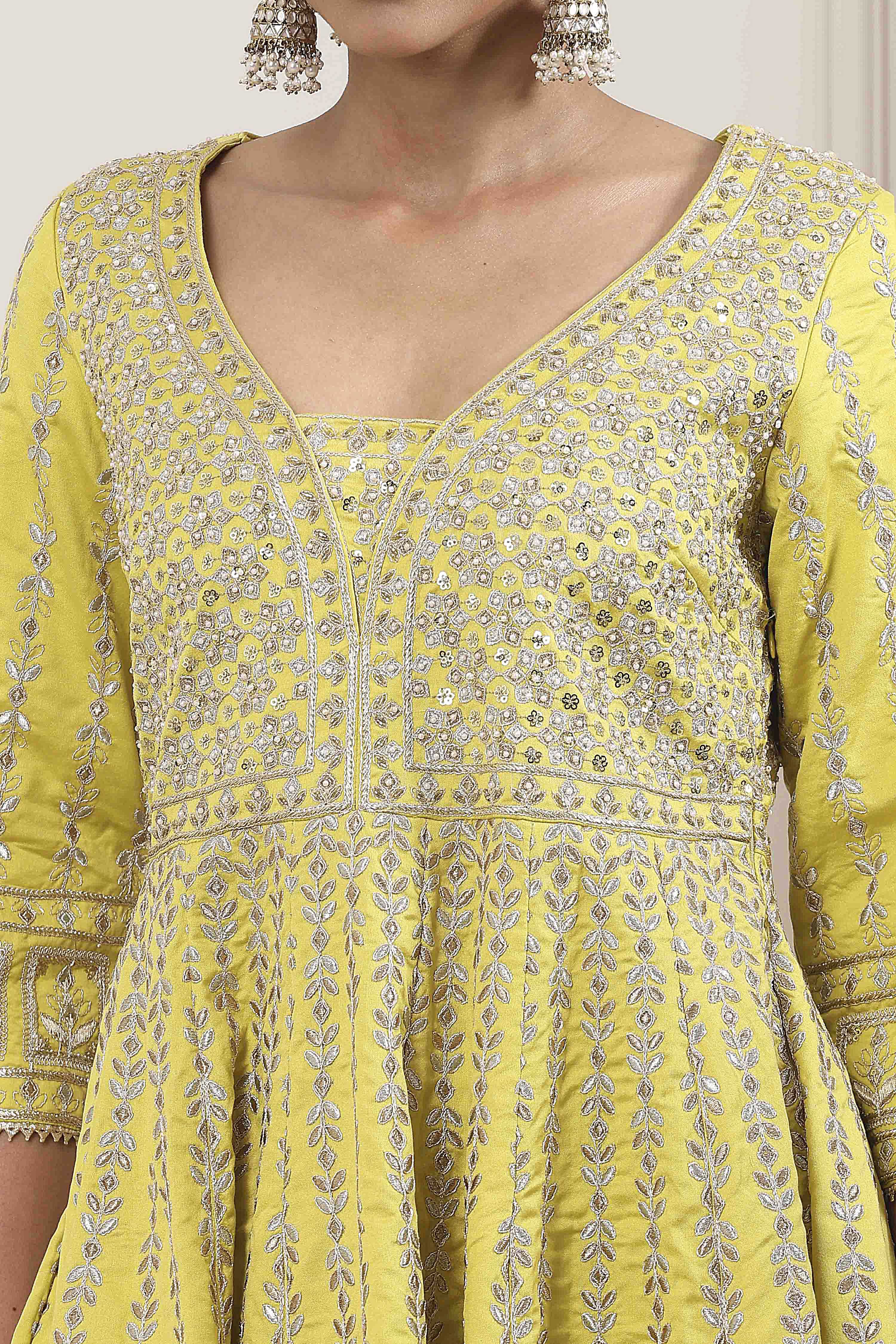 Lime Green Cotton Silk Anarkali Suit Set image number 1