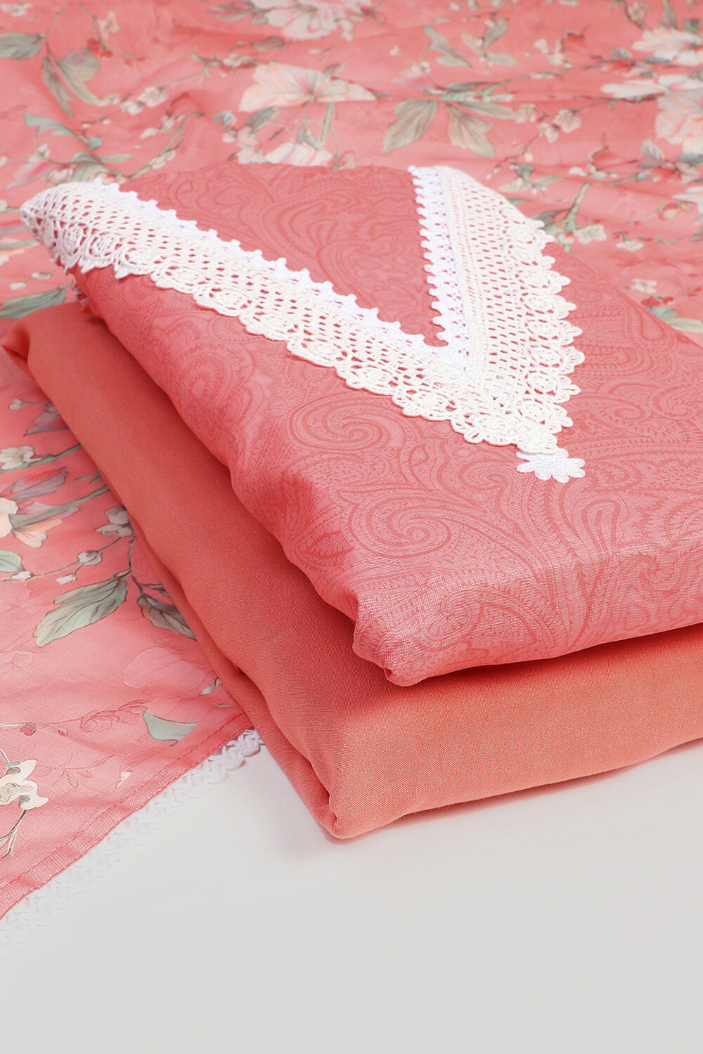 Salmon Pink Linen Digital Print Unstitched Suit Set image number 5