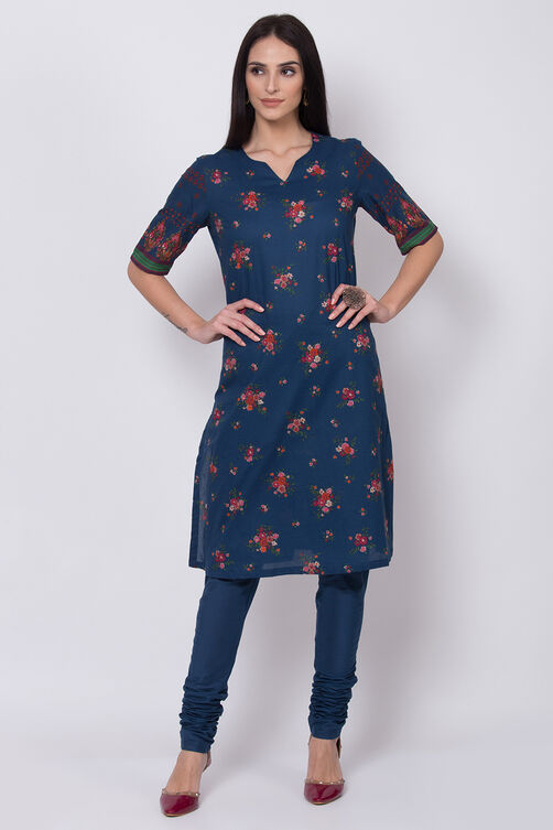 Navy Blue Cotton Straight Kurta Churidar Suit Set image number 2
