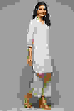 Off White Cotton Straight Printed Kurta image number 4