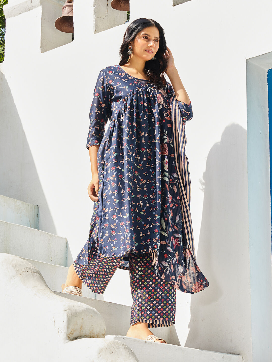 Navy Poly Cotton Layered Kurta Palazzo Suit Set image number 0