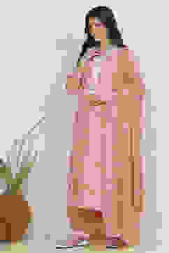 Peach-Pink Modal Machine Embroidered Unstitched Suit Set image number 4