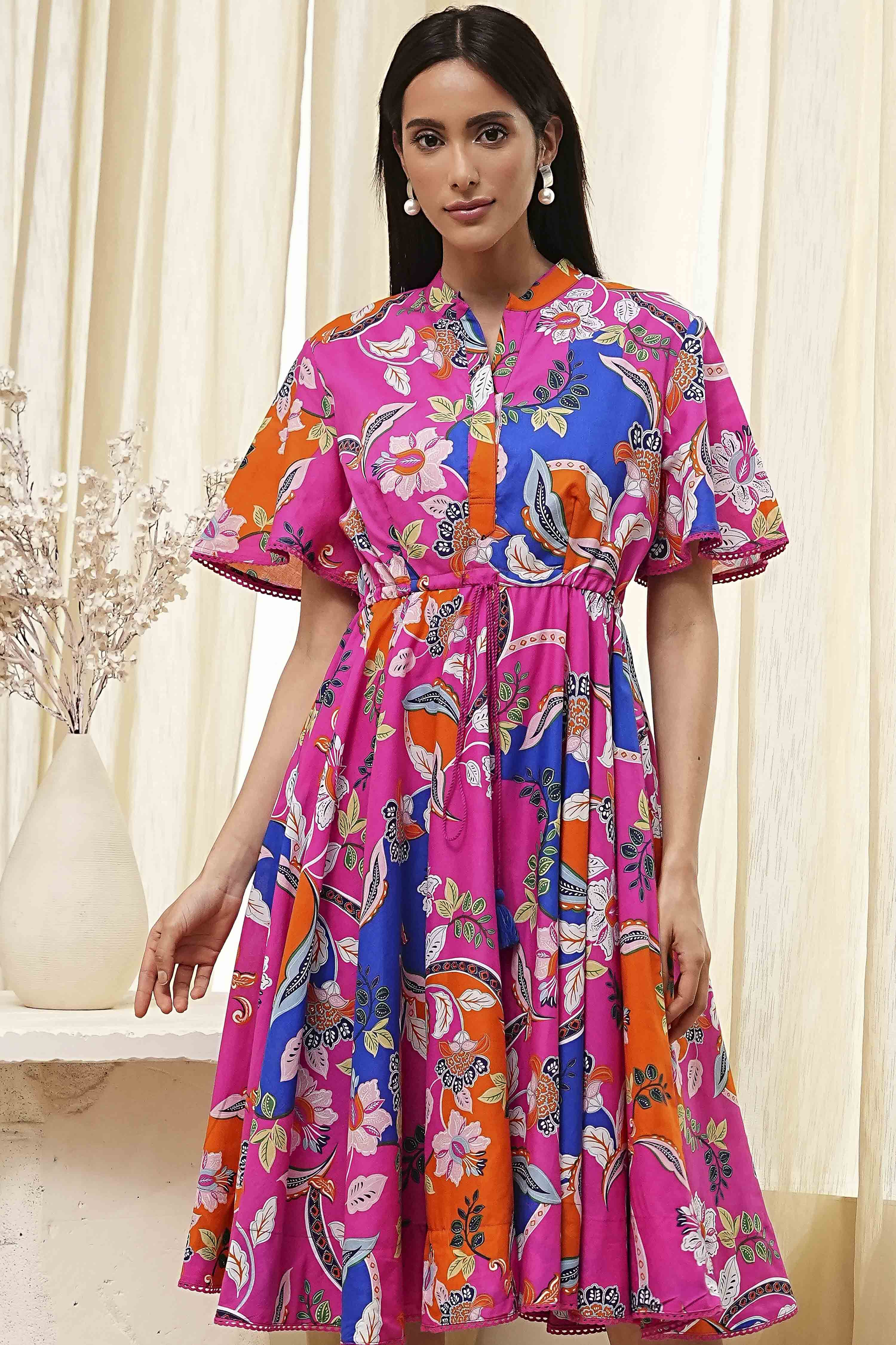 Pink Cotton Printed Flared Dress image number 1