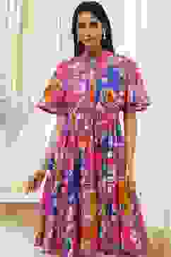 Pink Cotton Printed Flared Dress image number 1